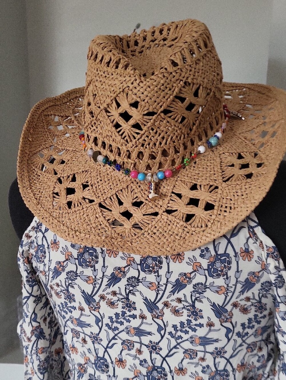 Western Cowgirl Straw Sun Hat with Beaded Accent - Tan - Picture 8 of 14